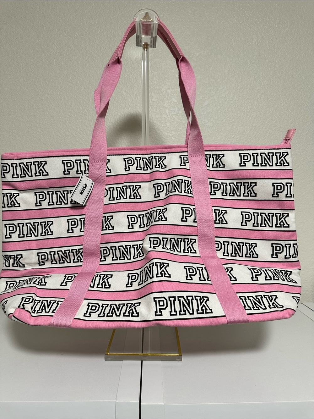 NWT PINK Victoria's Secret Pink & White Logo Stripe Canvas Tote
